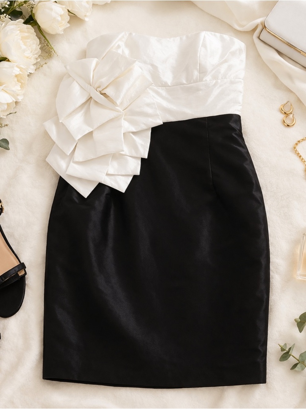 Jessica McClintock Strapless Black & White Taffeta Dress | Cocktail / Formal